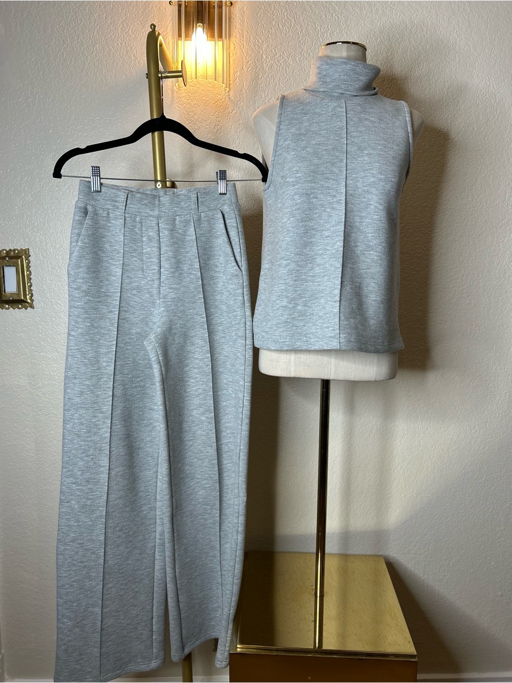 OGL Sleeveless Turtleneck Top & Wide-Leg Pants Set - Light Gray - Picture 2 of 15
